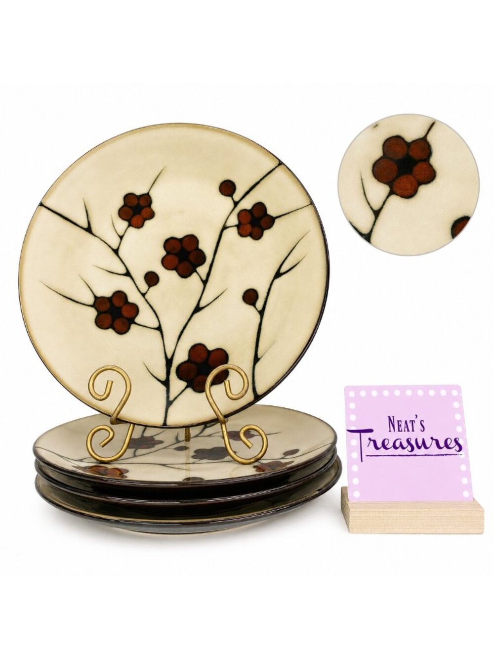 Pfaltzgraff ASTER Red Flower Beige Brown Body Stoneware Coupe Dinner Plate Set 4